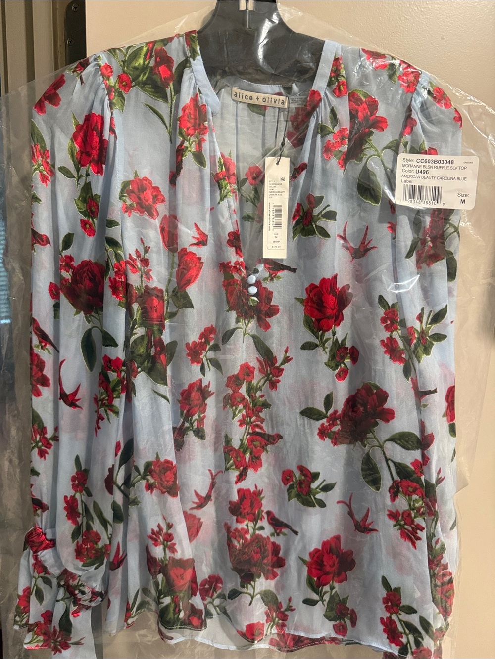 Alice + Olivia Light Blue Sheer Blouse with Red Floral Print